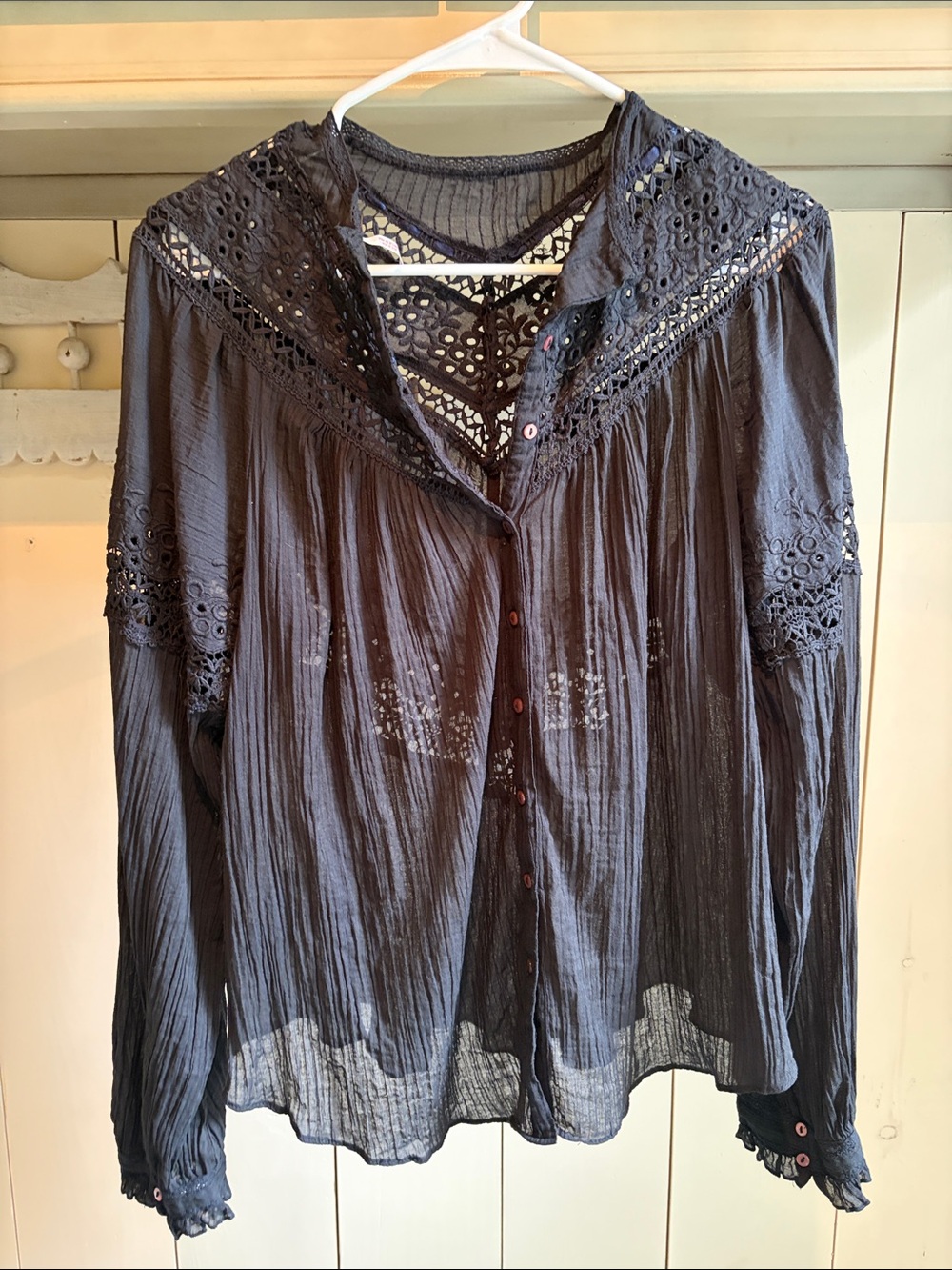 Free People Black Lace-Trim Button Front Blouse